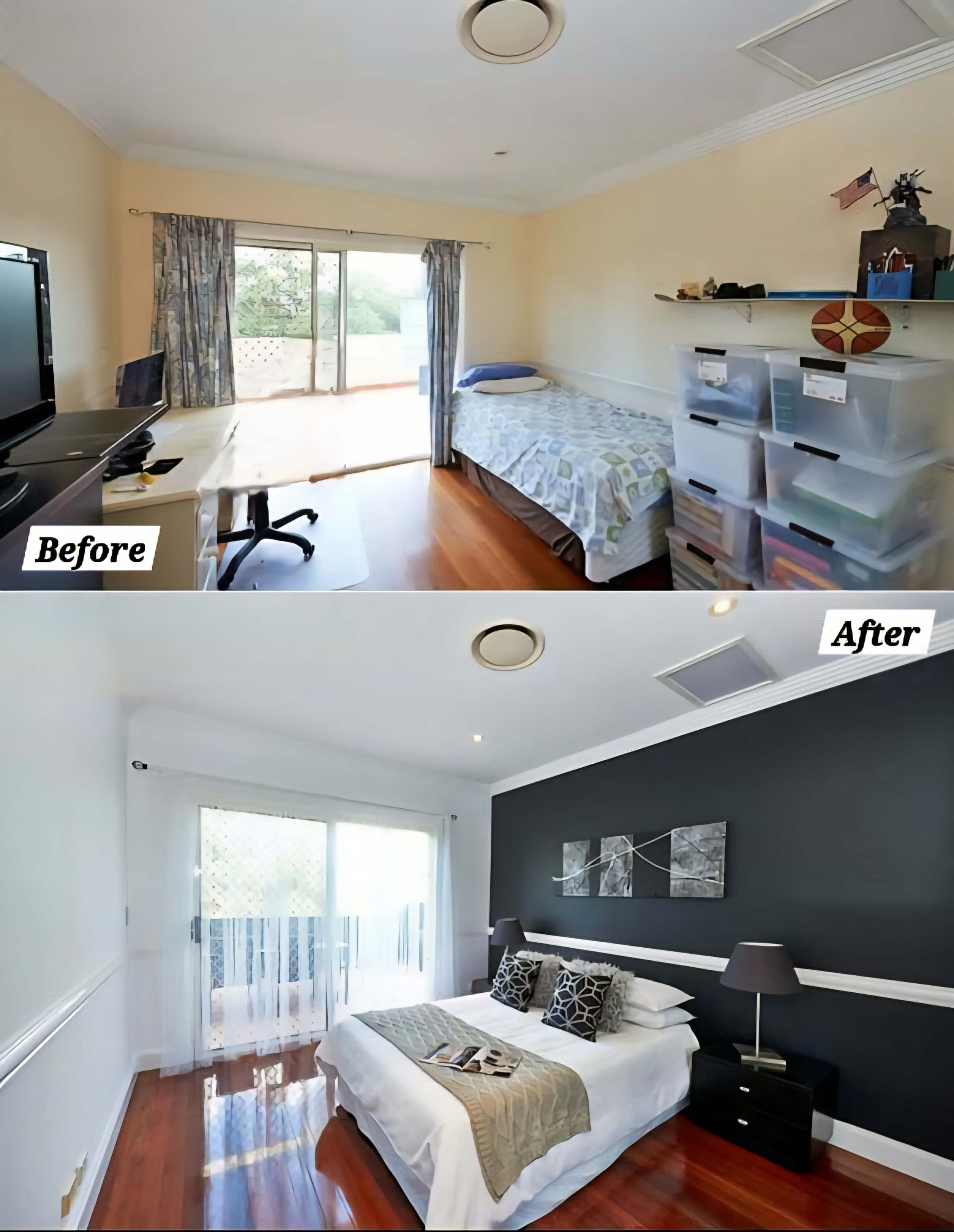 Before and after of a bedroom with a bold charcoal accent wall in Melbourne CBD