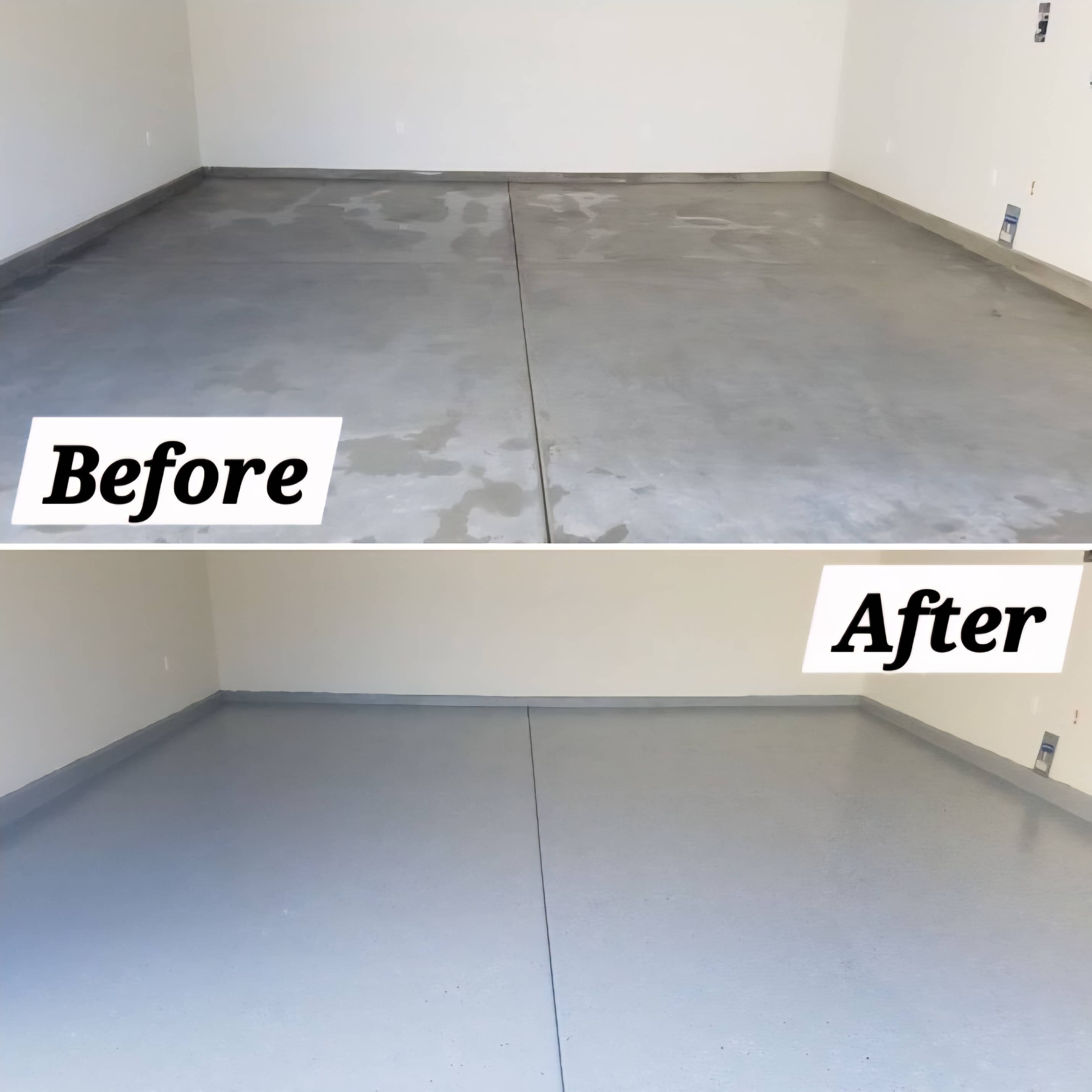 Before and after of concrete floor resurfacing in Templestowe — bare cracked concrete transformed to a smooth grey epoxy finish