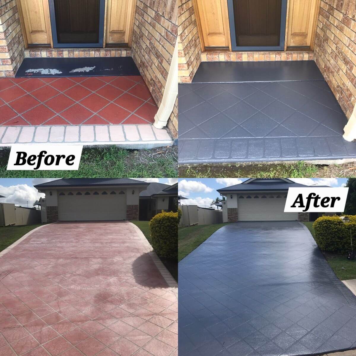 Before and after of driveway resurfacing in Doncaster — worn terracotta to sleek charcoal