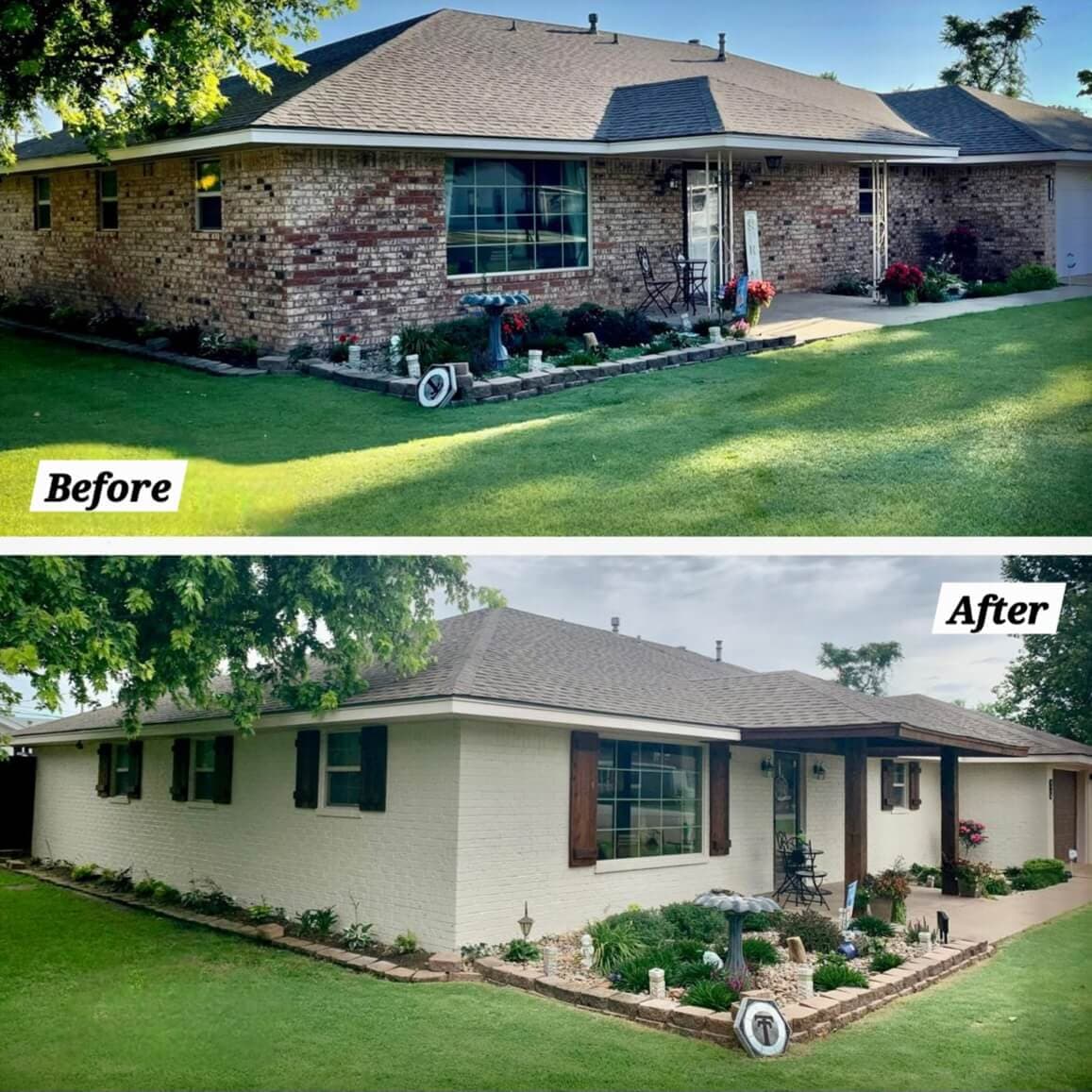 Before and after of a brick exterior repaint in Balwyn — red brick transformed to cream with new dark timber shutters