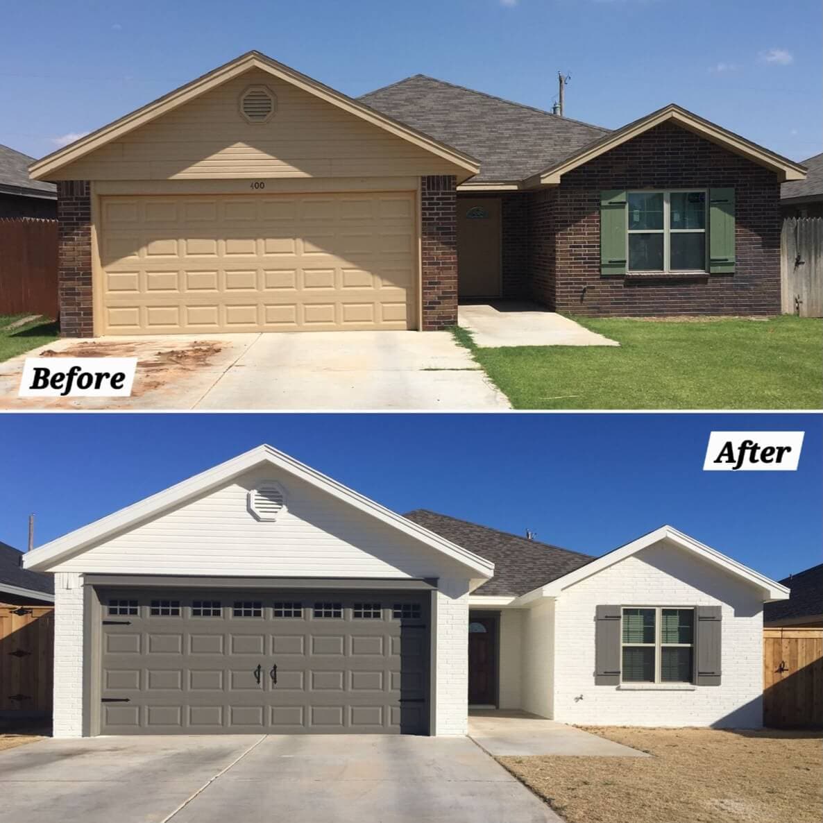 Before and after of an exterior house repaint in Doncaster — dark brick transformed to bright off-white with modern dark accents