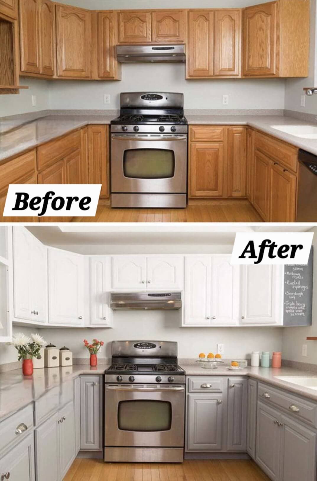 Before and after of kitchen cabinet respray in South Yarra — honey oak to two-tone white and grey