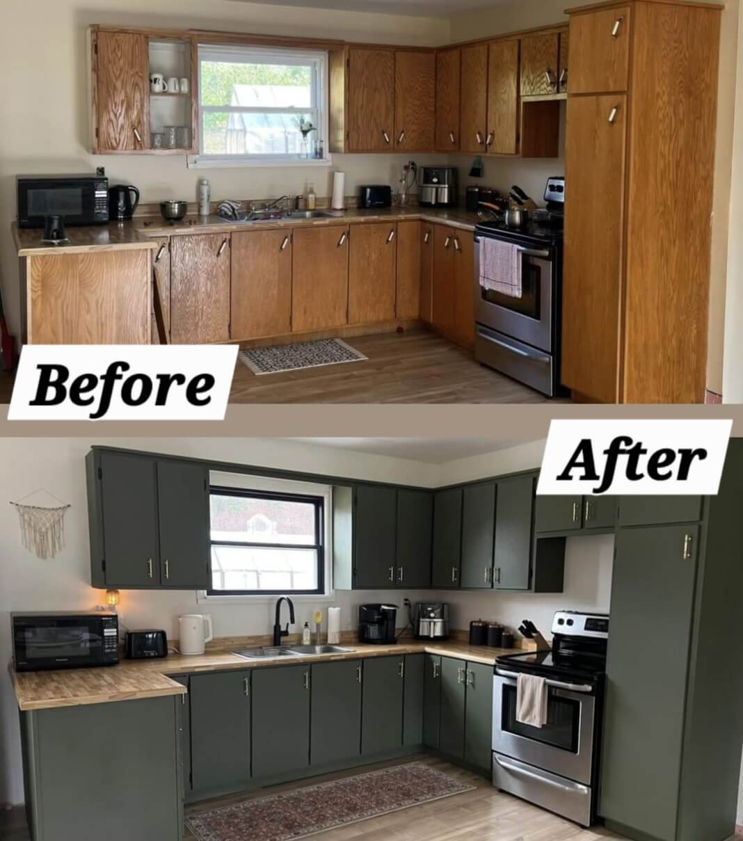 Before and after of kitchen cabinets resprayed in sage green in Northcote