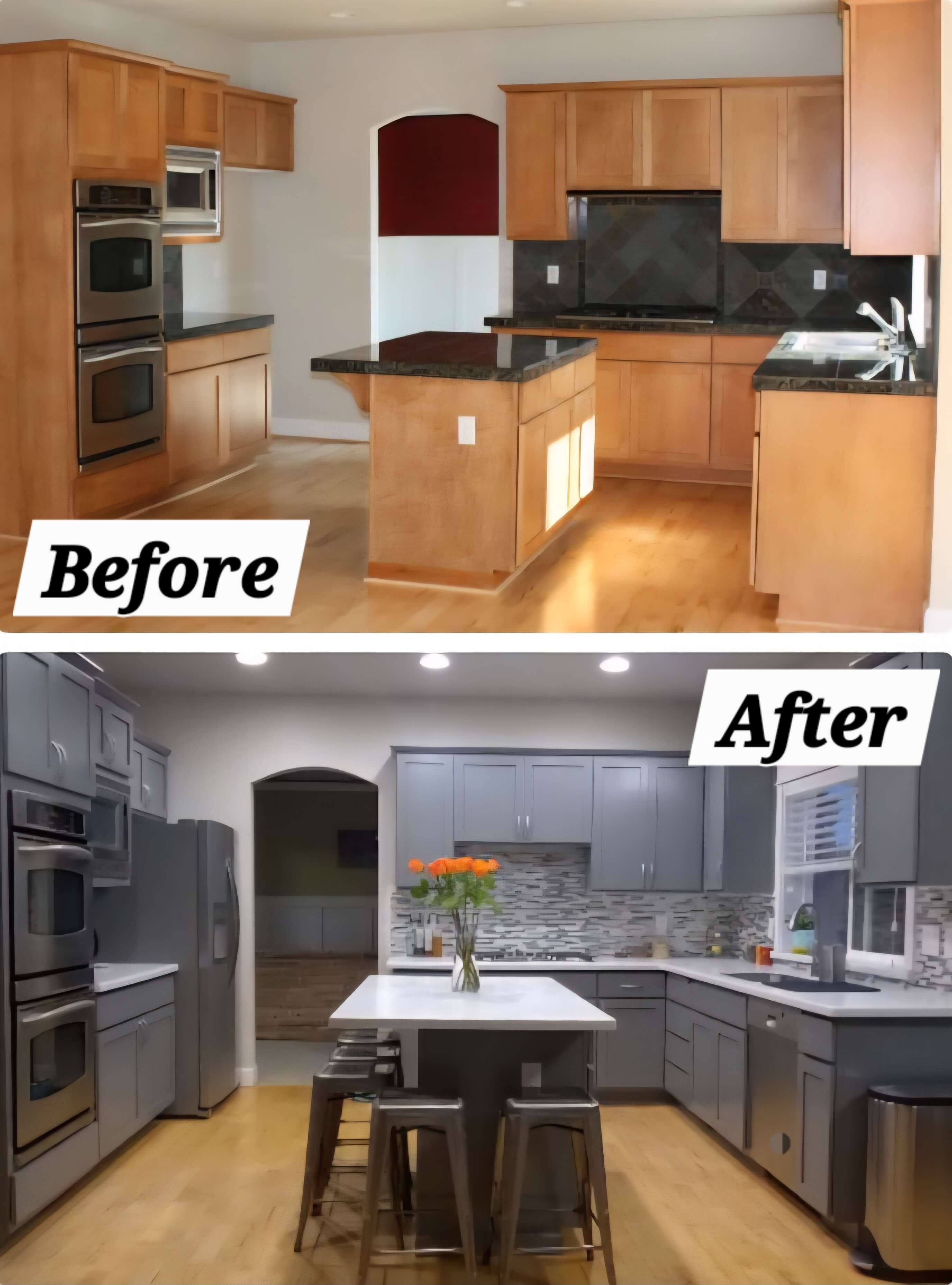 Before and after of a kitchen renovation in Brighton — maple cabinets transformed to modern grey with white countertops
