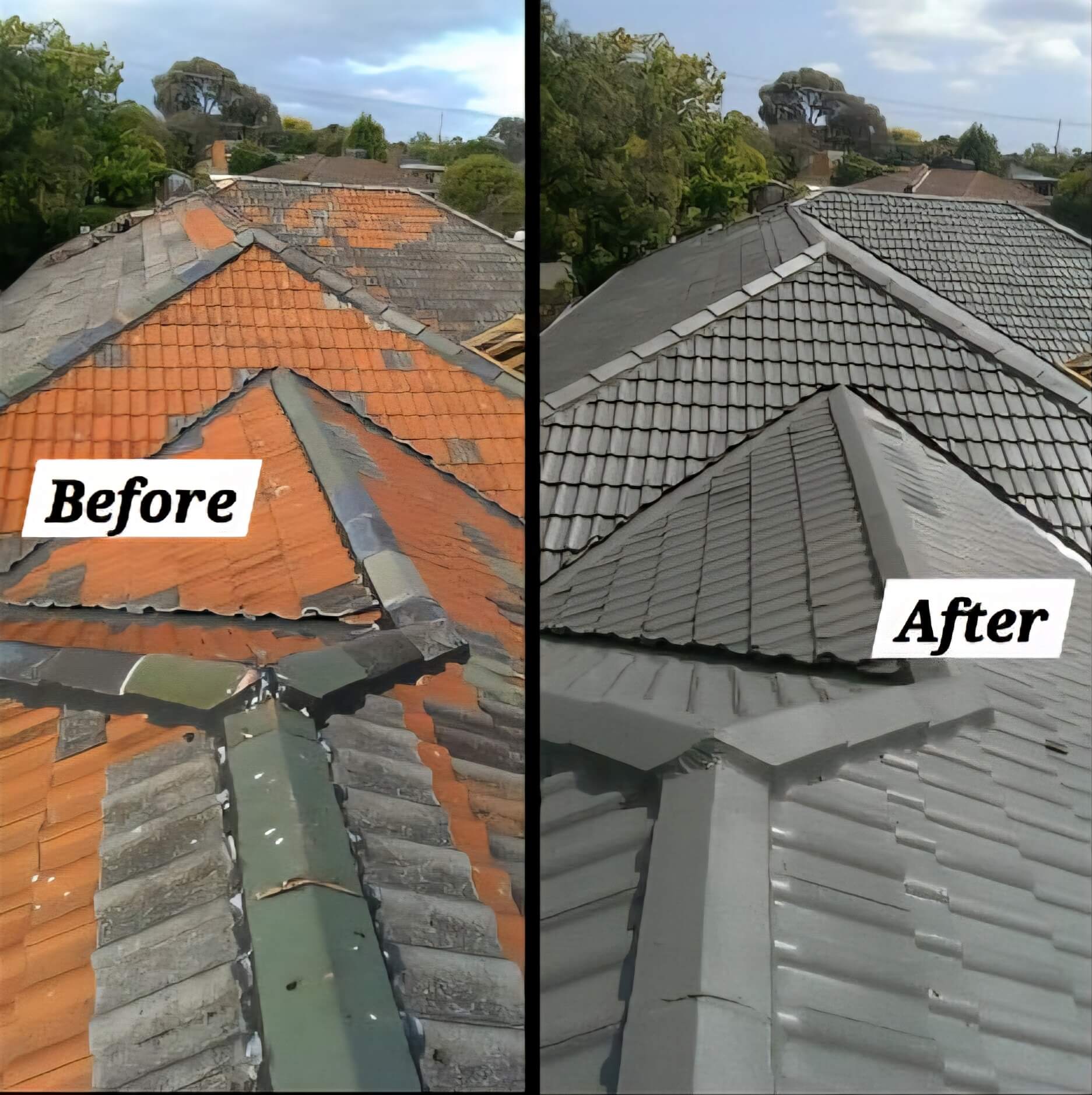 Before and after of a tile roof restoration in Glen Waverley — faded grey tiles transformed to a uniform charcoal finish