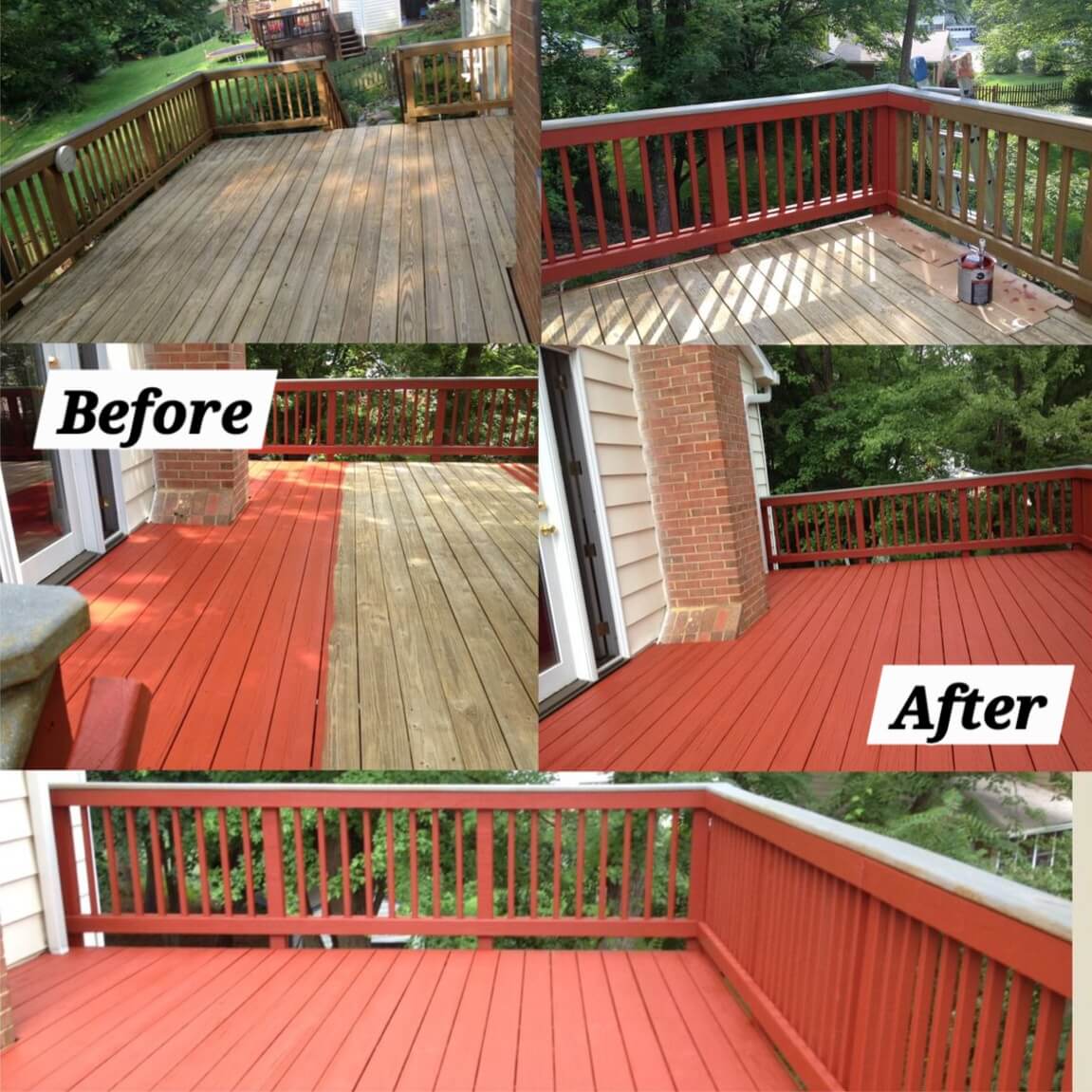 Before and after of a timber deck restoration in Eltham — weathered grey wood to rich red finish